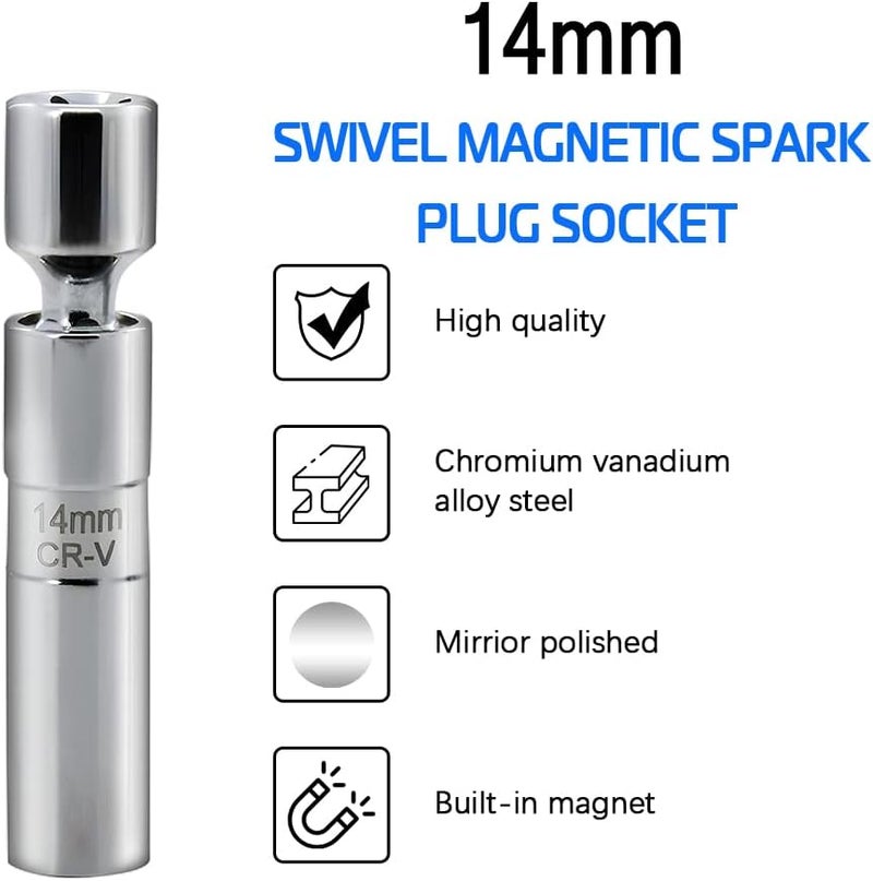 A ABIGAIL 14mm Thin Wall Swivel Magnetic Spark Plug Socket 3/8 Inch Drive 12-Point Spark Plug Socket Removal Tool Compatible with Motorcycle, Car, SUV, BMW, Nissan, Mini, Mercedes - Image 2